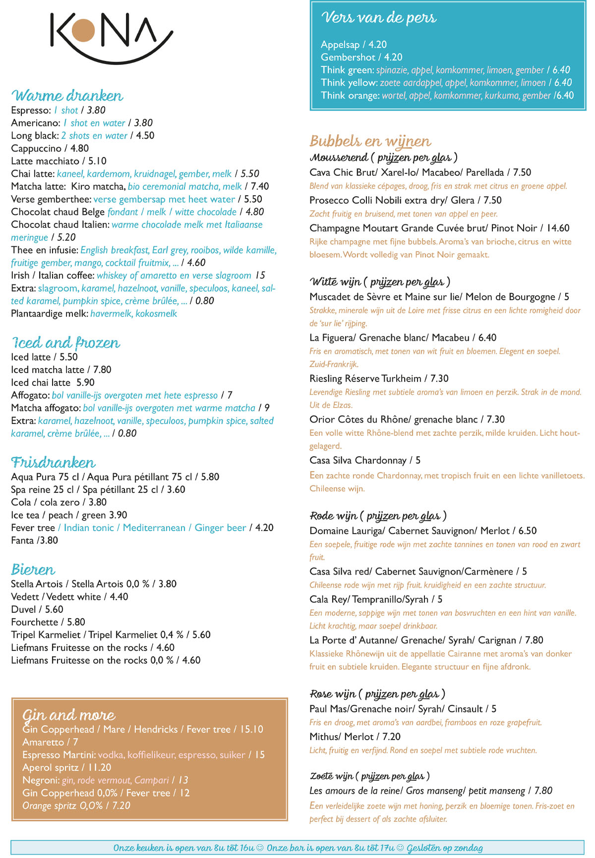 KONA menukaart drinks